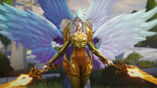 Wild Rift's Kayle with her wings spread and swords to her sides
