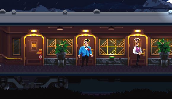 A pixelated scene shows a man in a blue suit on board a train