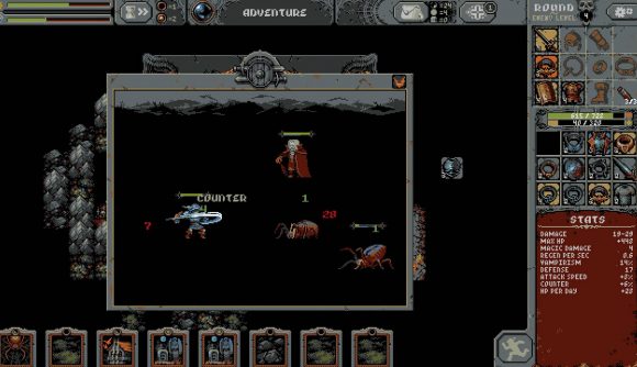 A pixelated scene shows a battle between a warrior hero, a vampire, and two ratwolves