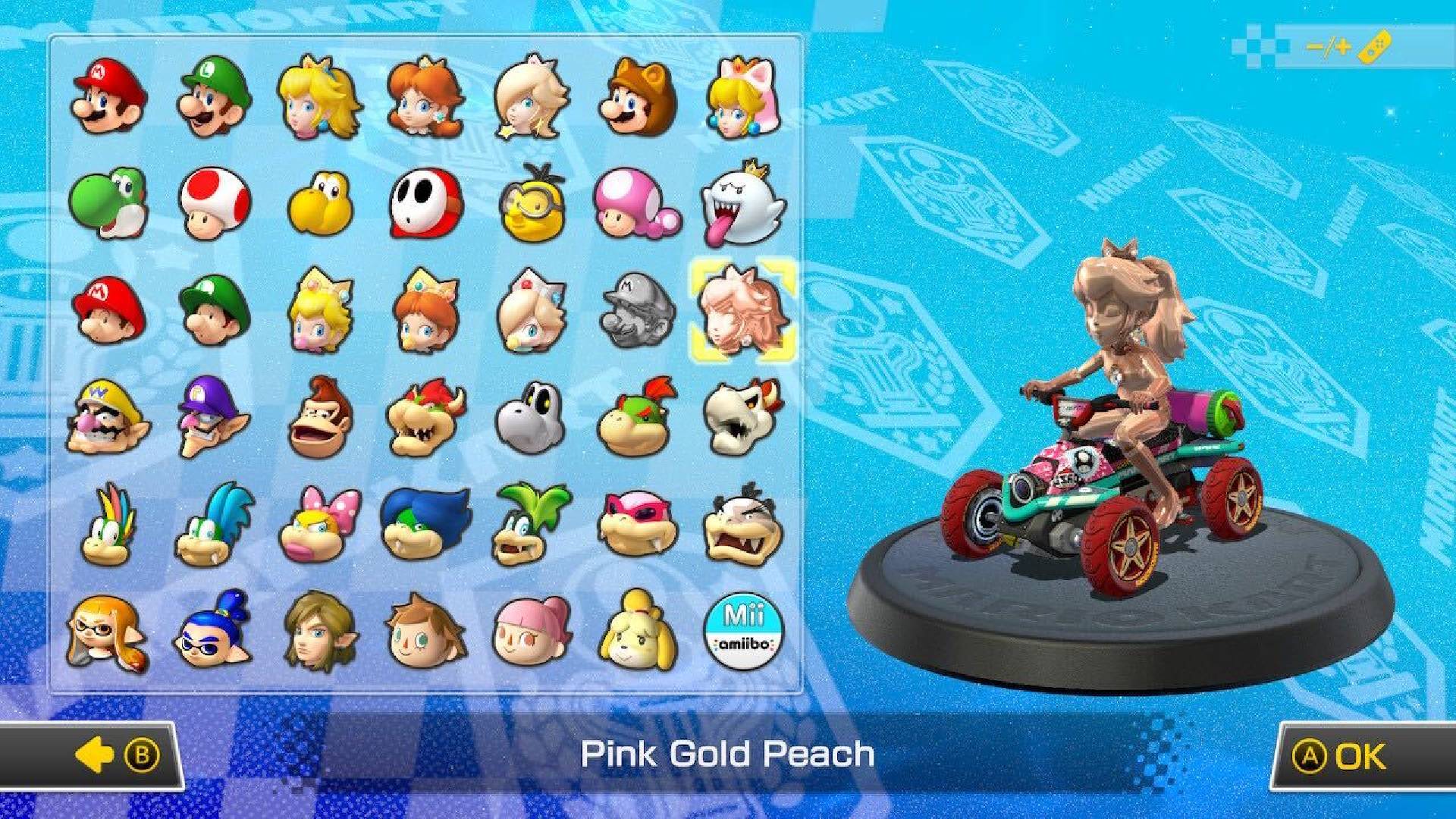 Pink Gold Peach is visible on a character selection screen, sitting in a kart