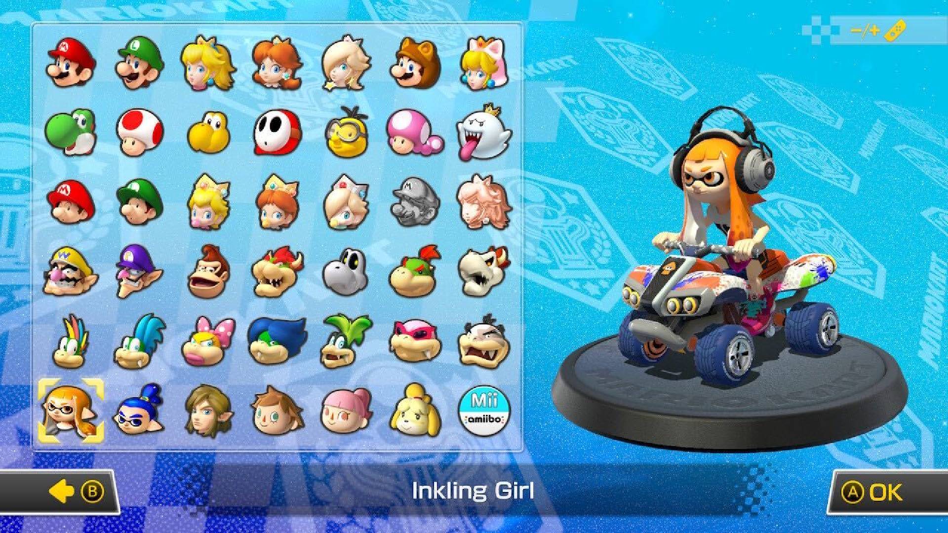 Inkling Girl from Splatoon is visible on a character selection screen, sitting in a kart