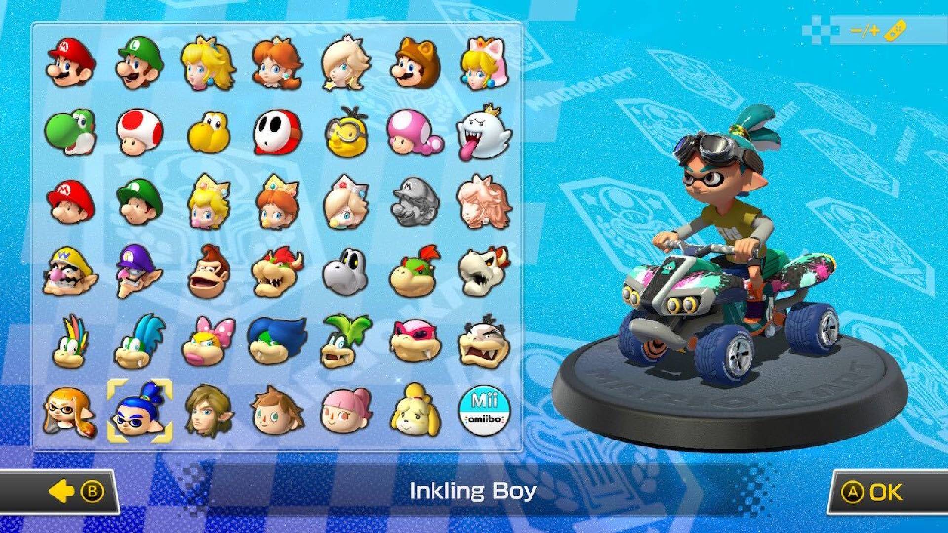 Inkling Boy from Splatoon is visible on a character selection screen, sitting in a kart