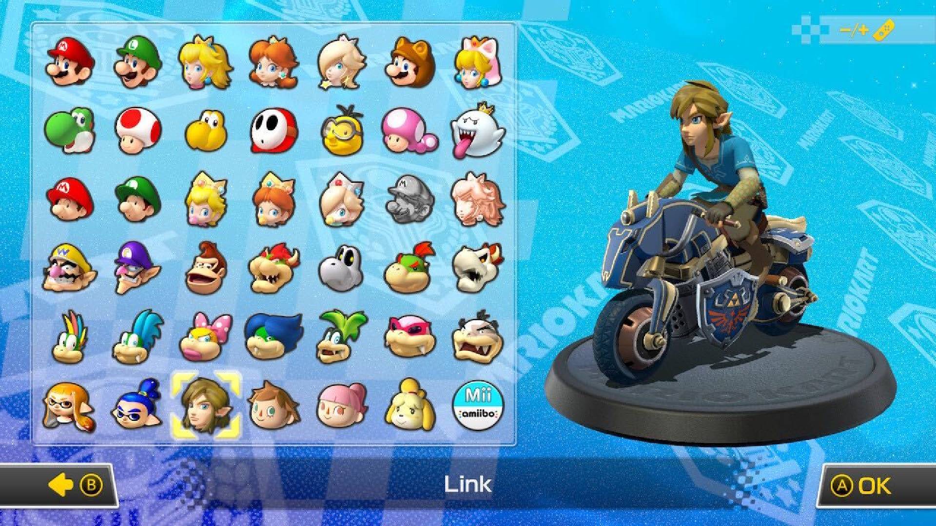 Link is visible on a character selection screen, sitting in a kart