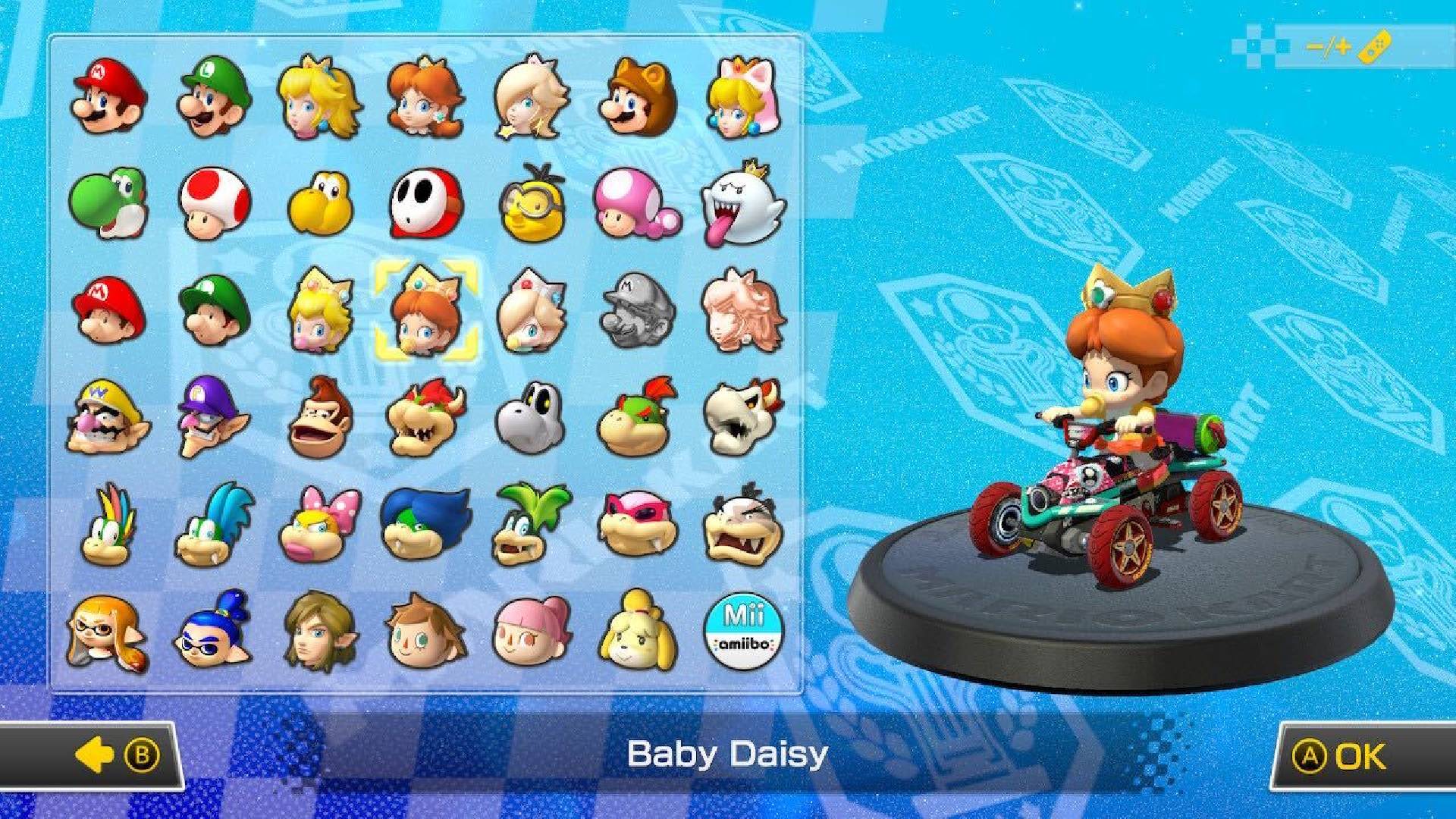 Baby Daisy is visible on a character selection screen, sitting in a kart