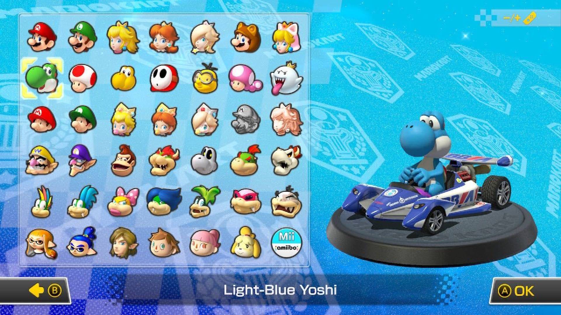 Yoshi is visible on a character selection screen, sitting in a kart