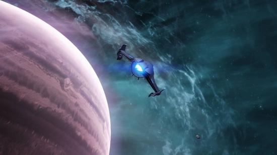 Samus' gunship flies through space, past a large planet