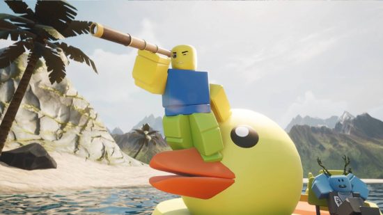 SharkBite 2 codes: a Roblox avatar stands on a giant rubber duck and looks through a telescope