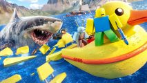 Sharkbite 2 codes: a roblox avatar stands on a rubber dinghy, trying to escape a shark