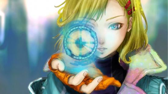 Visual novel games - A girl looking at a blue hologram