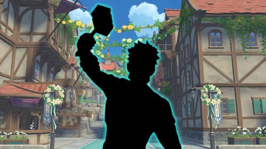 Silhouette of a Genshin Impact character against a Mondstadt background