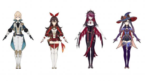 Genshin Impact alternate skin designs for Jean, Amber, Rosaria, and Mona