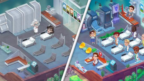 Two side-by-side screenshots of Happy Clinic gameplay