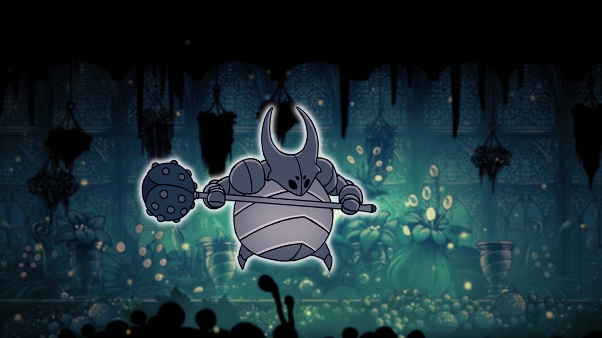 False Knight- the Hollow Knight boss, is visible against a mossy green background area from Hollow Knight