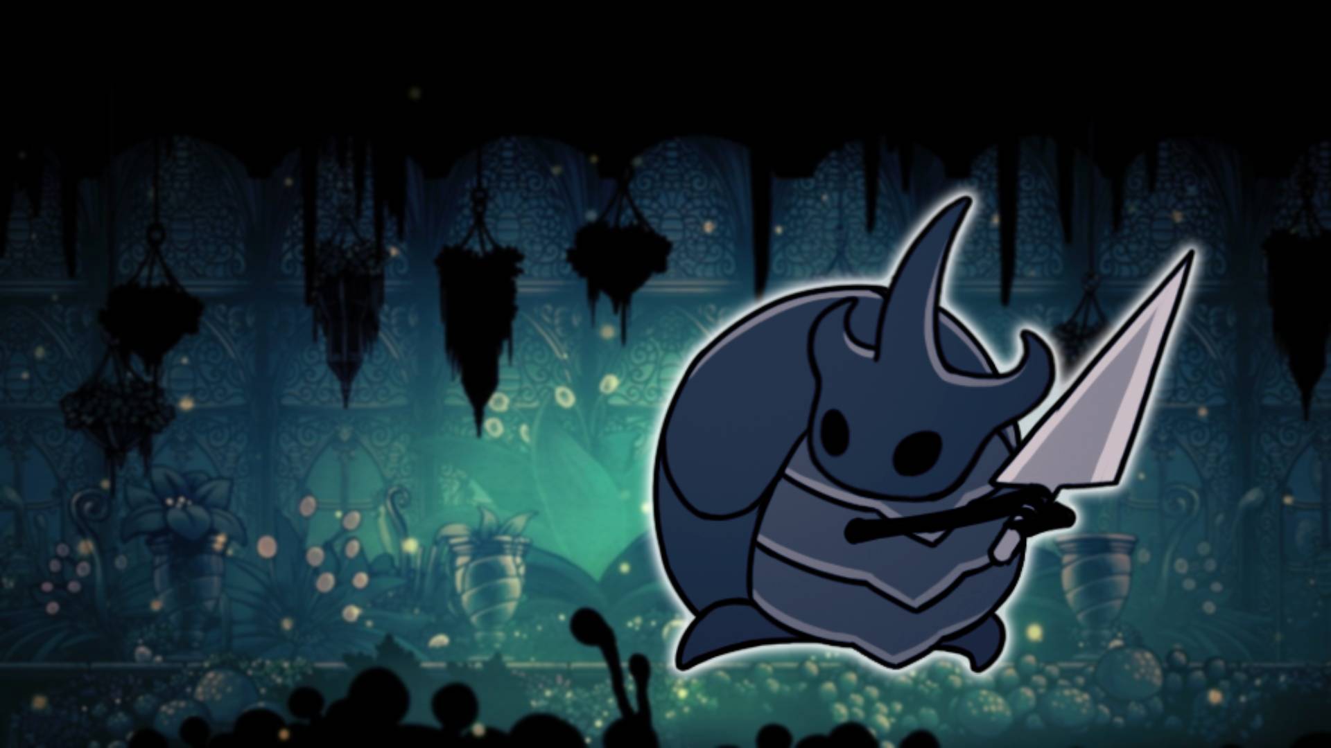 Watcher Knights - the Hollow Knight boss, is visible against a mossy green background area from Hollow Knight