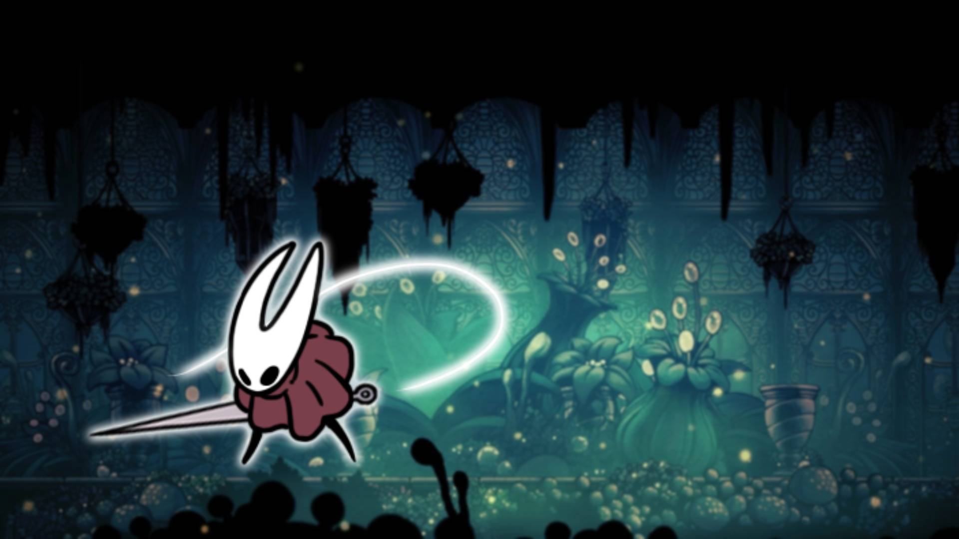 Hornet - the Hollow Knight boss, is visible against a mossy green background area from Hollow Knight 