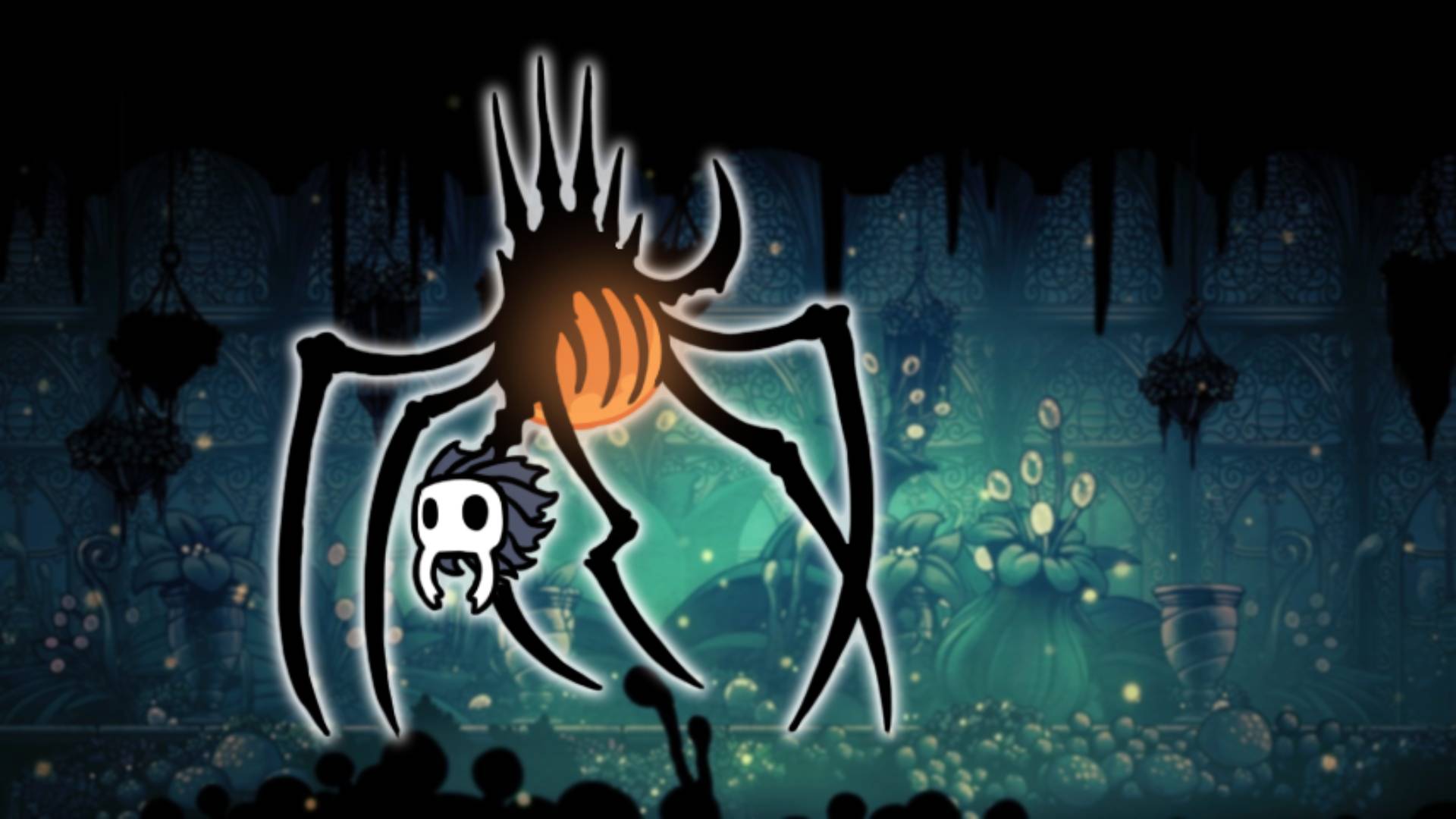 Nosk - the Hollow Knight boss, is visible against a mossy green background area from Hollow Knight 