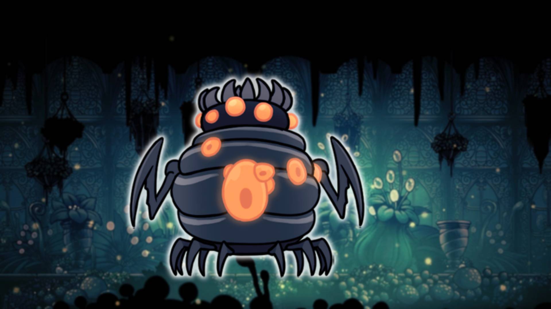 Brooding Mawlek - the Hollow Knight boss, is visible against a mossy green background area from Hollow Knight 