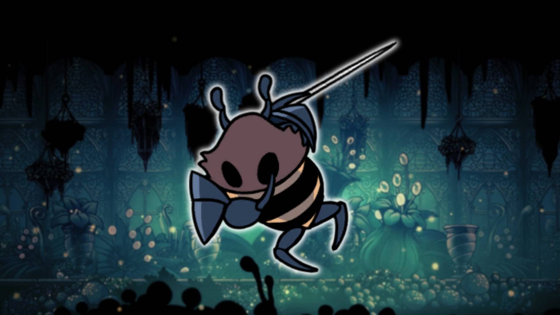 Hive Knight - the Hollow Knight boss, is visible against a mossy green background area from Hollow Knight 