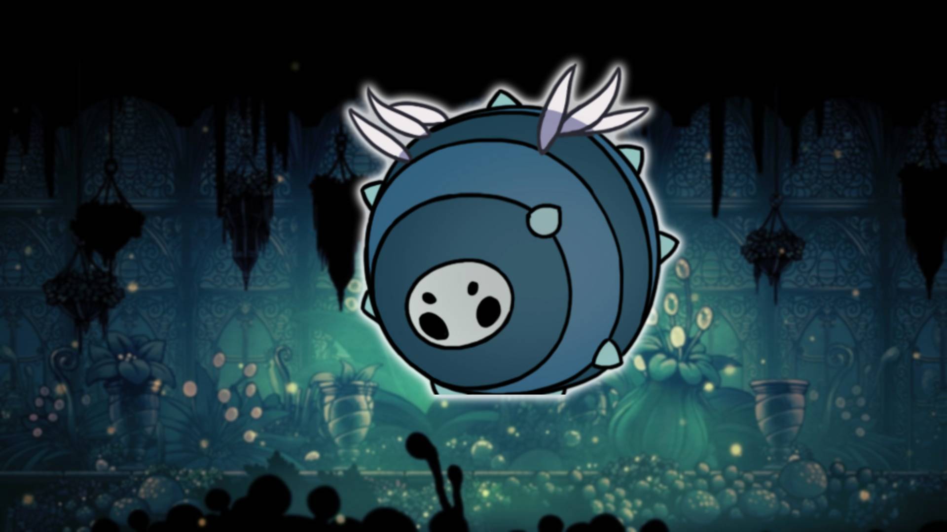 Oblobbles - the Hollow Knight boss, is visible against a mossy green background area from Hollow Knight 