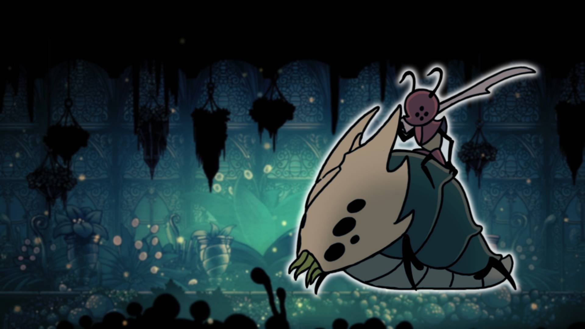 God Tamer - the Hollow Knight boss, is visible against a mossy green background area from Hollow Knight 