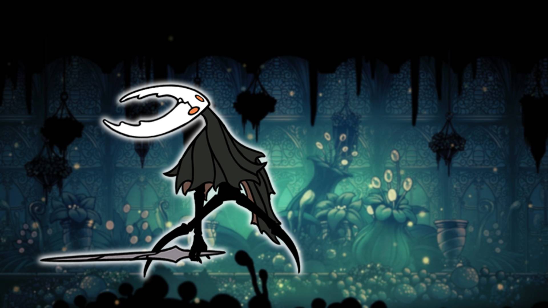 The Hollow Knight - the Hollow Knight boss, is visible against a mossy green background area from Hollow Knight 