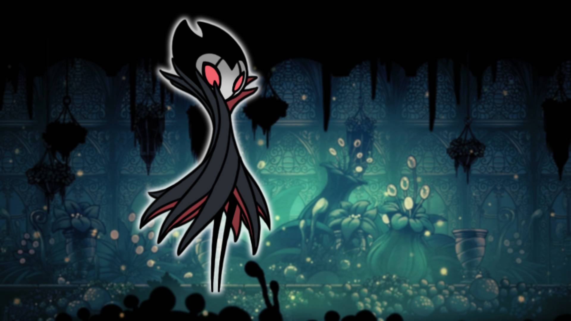 Troupe Master Grimm - the Hollow Knight boss, is visible against a mossy green background area from Hollow Knight 