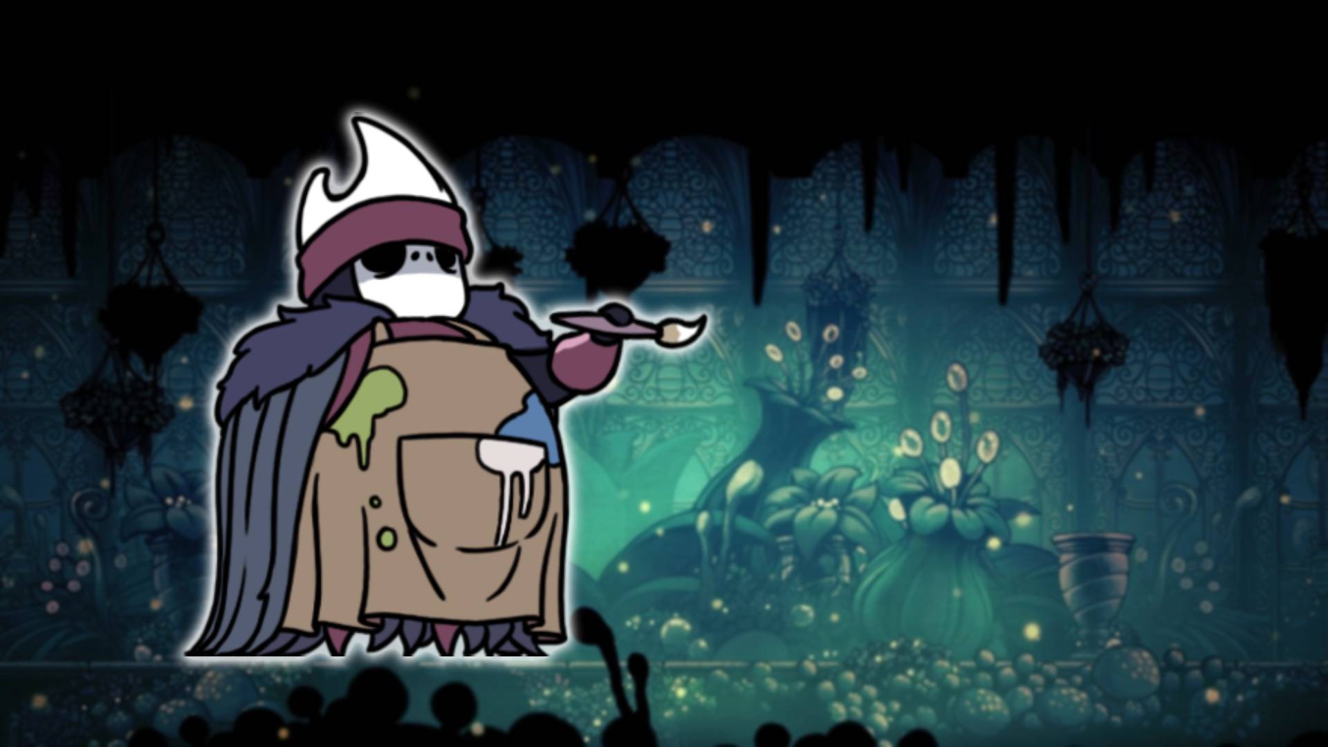 Paintmaster Sheo - the Hollow Knight boss, is visible against a mossy green background area from Hollow Knight 