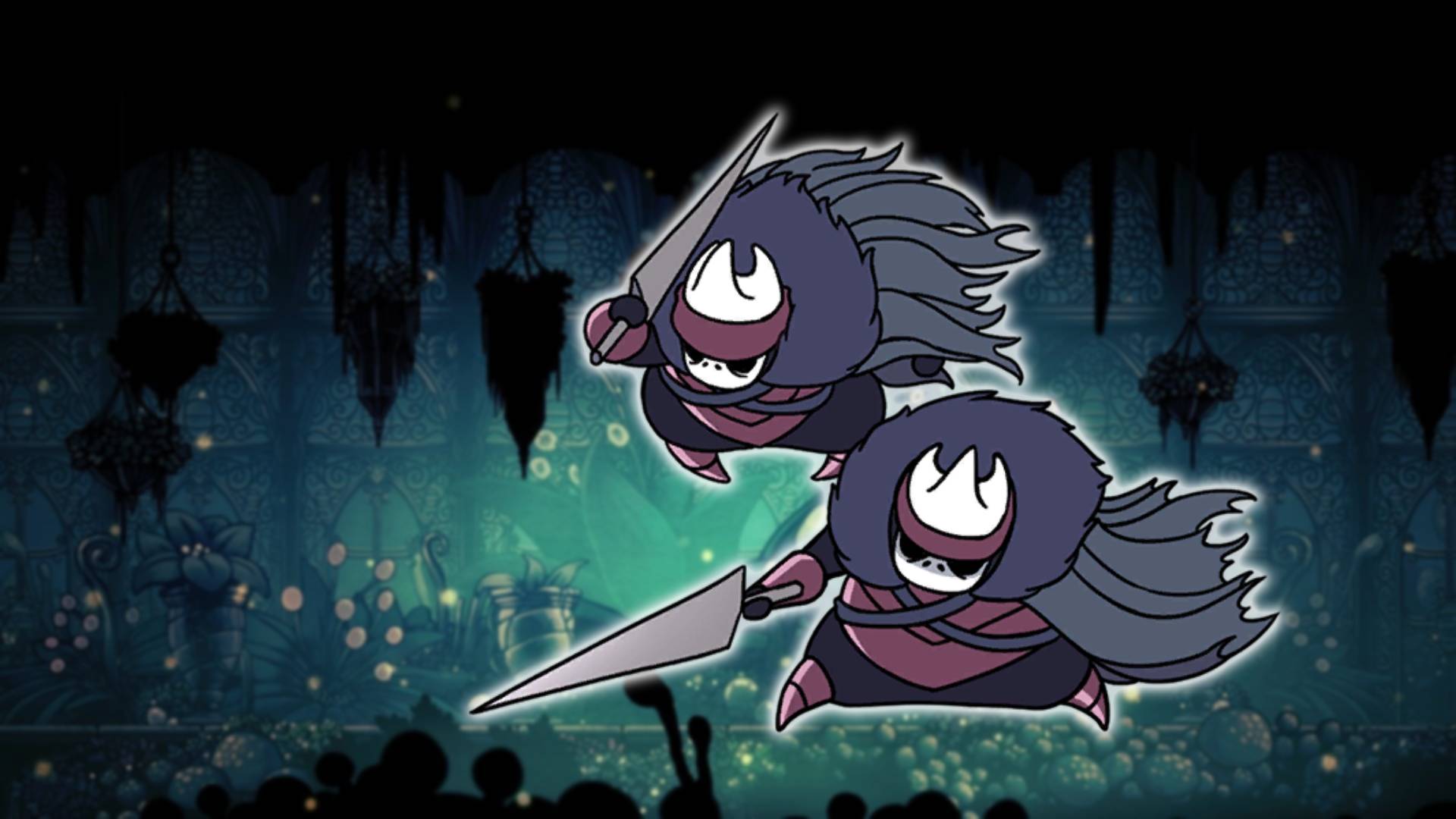 Brothers Oro & Mato - the Hollow Knight boss, is visible against a mossy green background area from Hollow Knight 