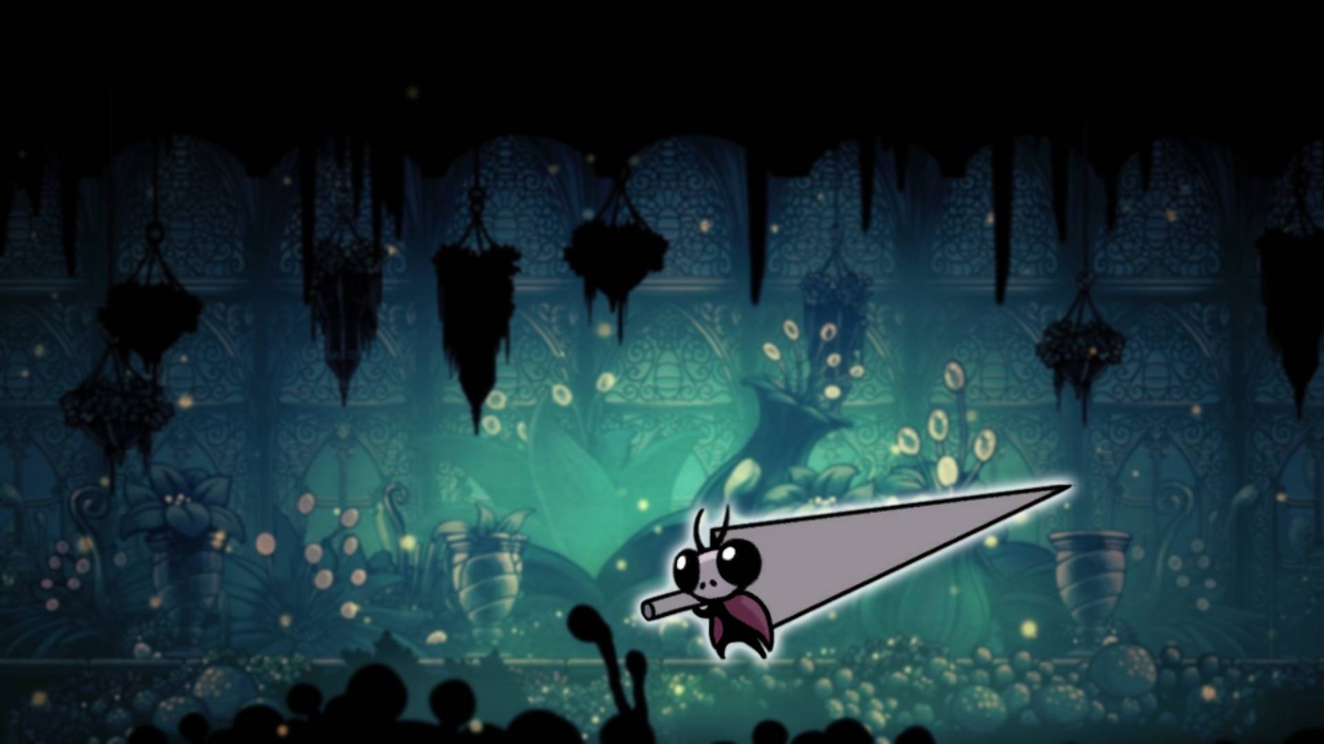 Great Nailsage Sly - the Hollow Knight boss, is visible against a mossy green background area from Hollow Knight 