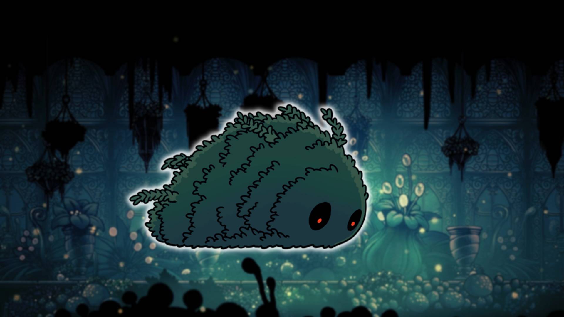 Massive Moth Charger - the Hollow Knight boss, is visible against a mossy green background area from Hollow Knight 