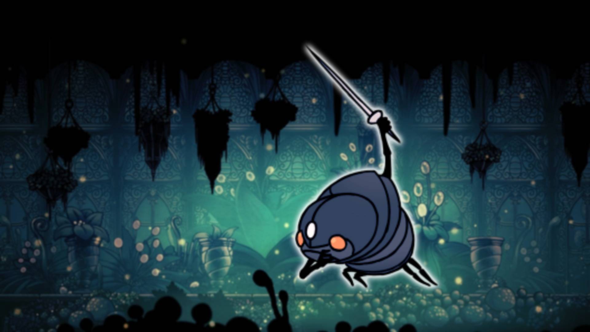 Soul Warrior - the Hollow Knight boss, is visible against a mossy green background area from Hollow Knight 