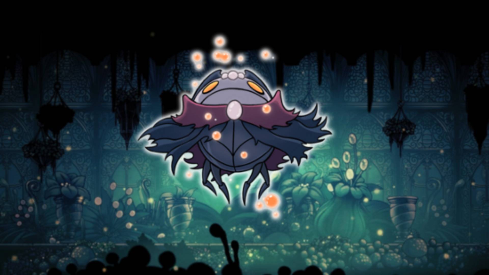 Soul Master - the Hollow Knight boss, is visible against a mossy green background area from Hollow Knight 