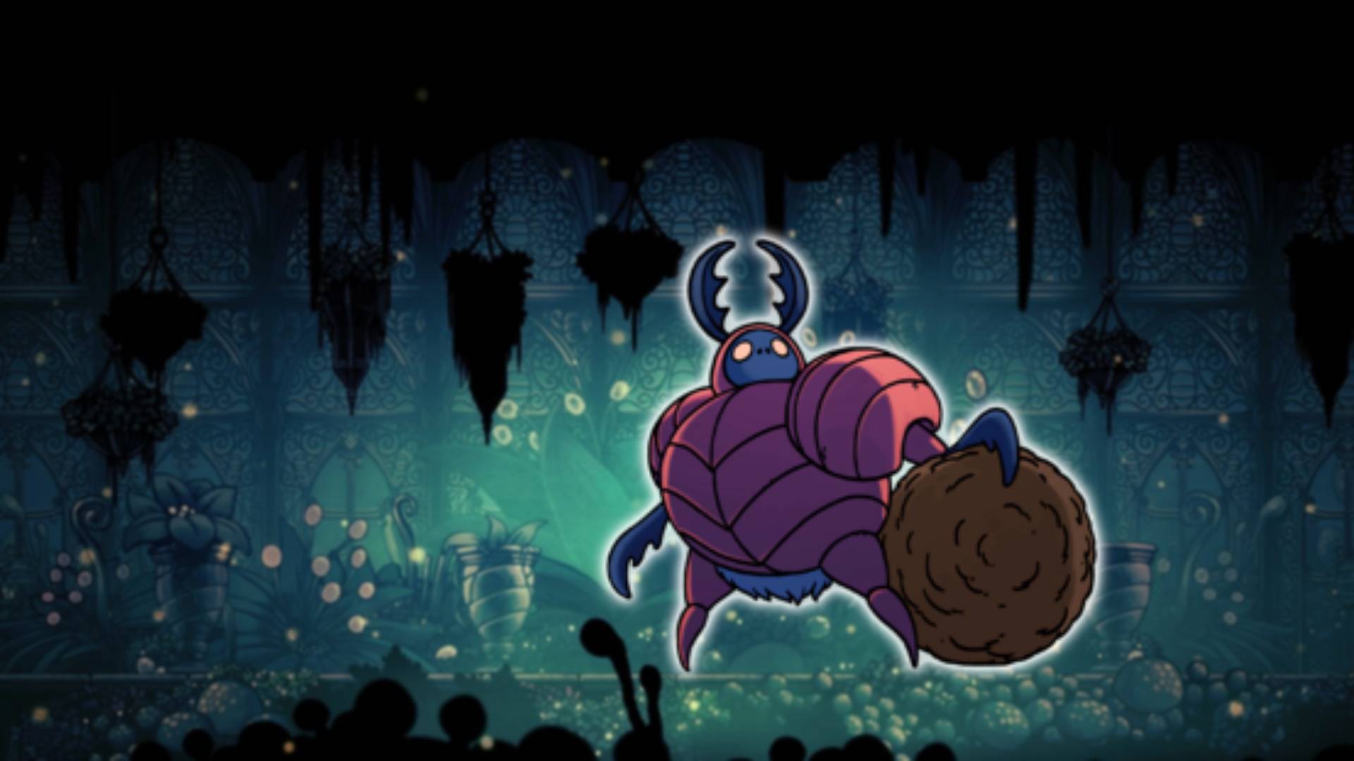 Dung Defender - the Hollow Knight boss, is visible against a mossy green background area from Hollow Knight 