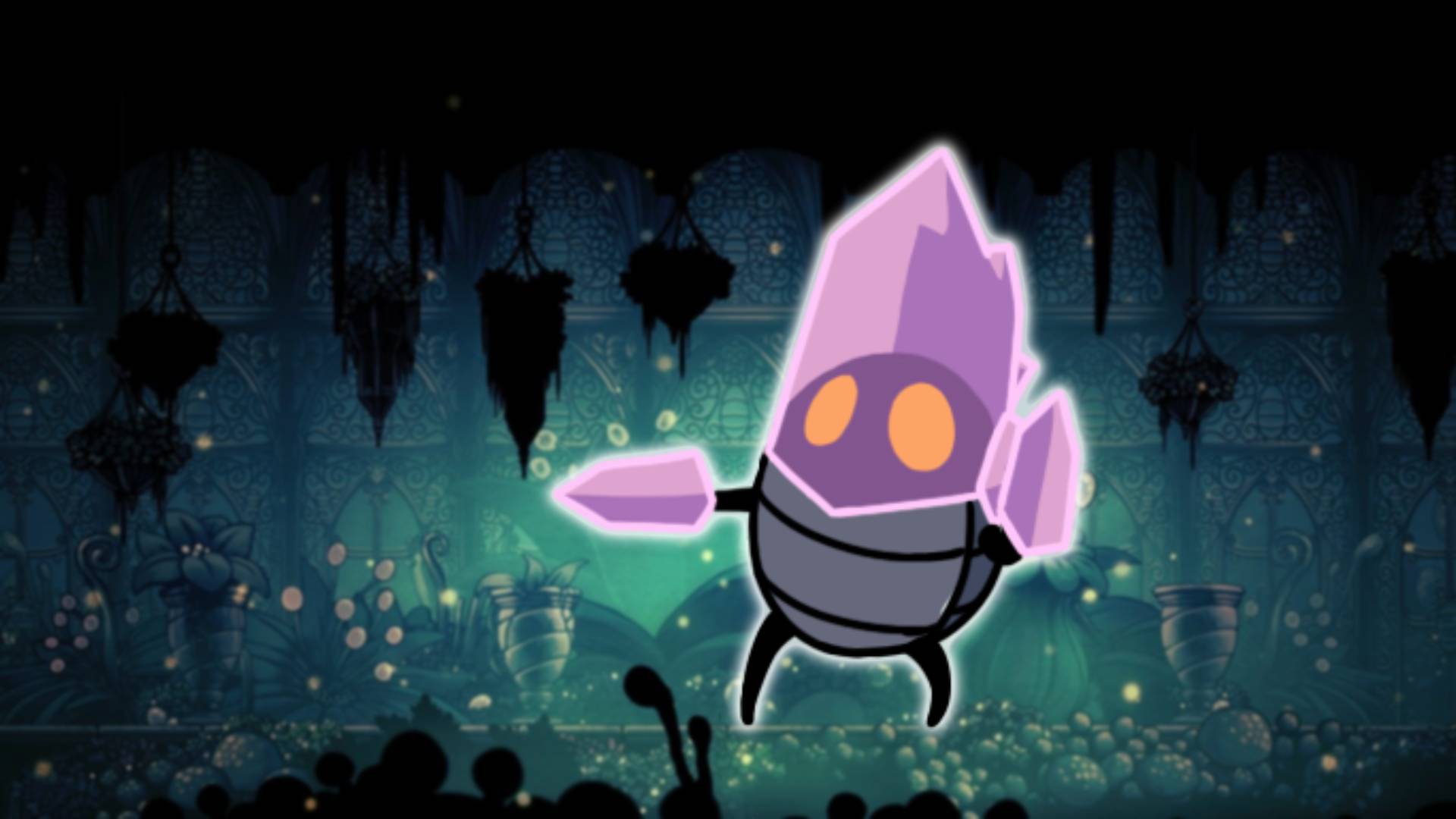 Crystal Guardian - the Hollow Knight boss, is visible against a mossy green background area from Hollow Knight 
