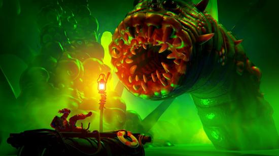Screenshot from the game Little Orpheus featuring protagonist Ivan Ivanovich being attacked by a large, monstrous worm.