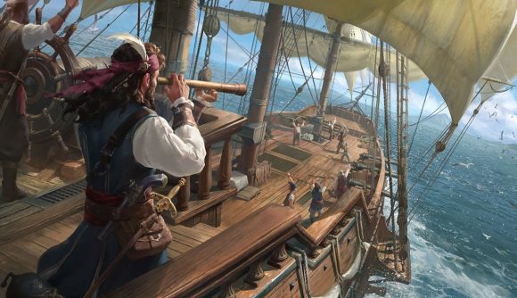 A picture of a pirate looking out from a ship in the art for NetEase's War for the Seas