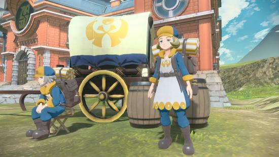 Pokemon Legends: Arceus Ginkgo Guild screenshot of the pair by the wagon