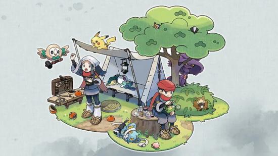 Promo artwork for the Pokémon Legends: Arceus base camp with a trainer and some cute Pokémon