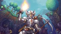 Artwork for Terraria, showing a knight with a pickaxe and a torch.