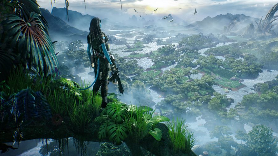 A Na'vi geared up looking across a forest