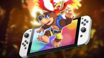 Banjo & Kazooie appear to be leaping out of a Nintendo Switch