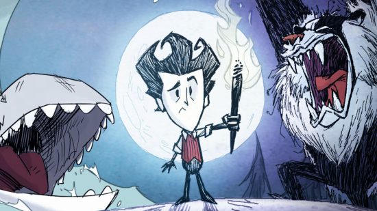 Screenshot of the main character from Don't Starve holding a torch next to big beats for best Switch survival games list