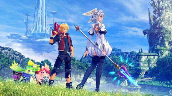 Best Switch RPGs - Two nopon, Shulk, and Melia standing in a vast field