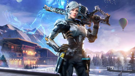 A female COD Mobile operator holding a gun in snowy mountains