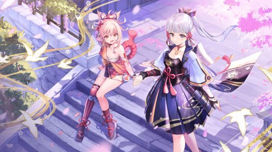 Genshin Ayaka en Yoimiya op een trap