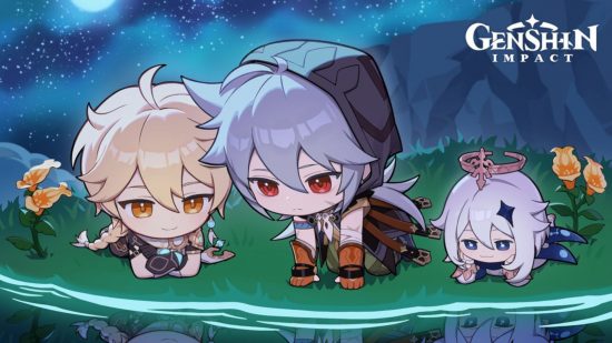 Chibi versions of Genshin Impact Razor, Traveler, and Paimon looking into a pool at night
