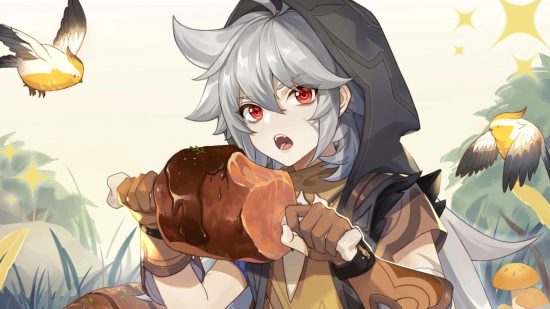 Genshin Impact Razor: Razor comiendo un trozo de carne de algunas obras de arte oficiales