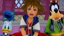 Sora, Donald Duck, and Goofy, look aghast as if they have been shown how Kingdom Hearts Cloud version is running on Nintendo Switch