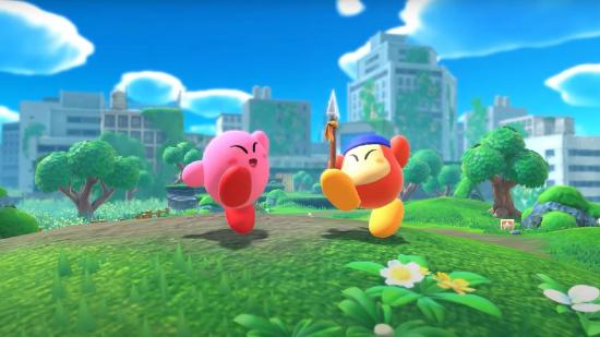 Kirby and Bandana Waddle Dee look triumphant atop a grass hill