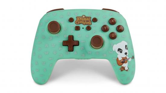 A Nintendo Switch controller with the Animal Crossing logo on it and artwork of K.K. Slider.